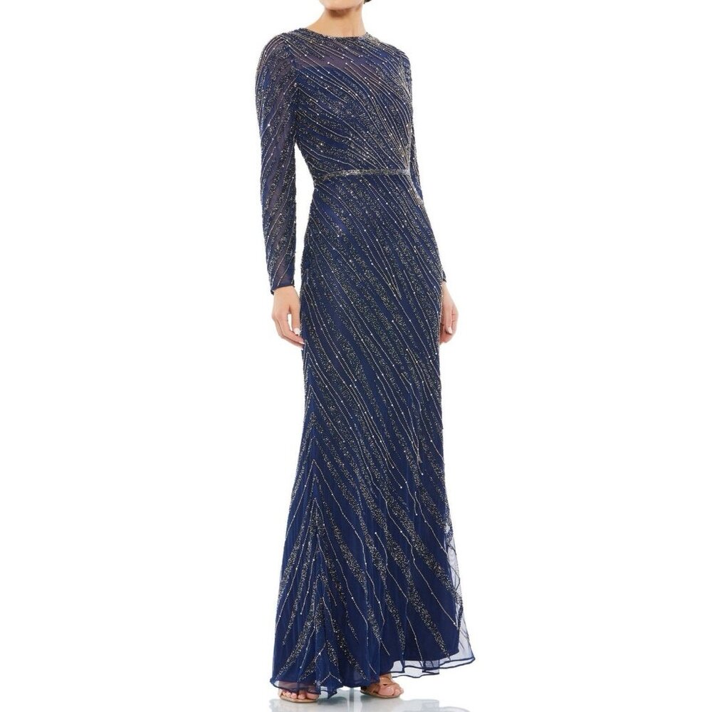Mac Duggal Navy Blue Beaded Long Sleeve Maxi Gown